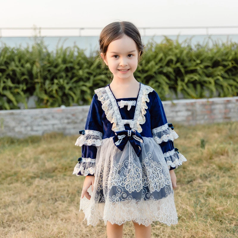 秋丝绒蕾丝蓬蓬裙舞台派对Lolita裙蝴蝶结绑带洛丽塔女童连衣裙