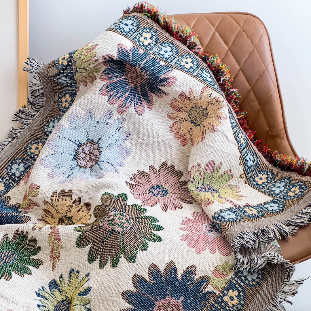 【京かわ会社】多彩棉麻流苏沙发毯80*180cm 太阳花