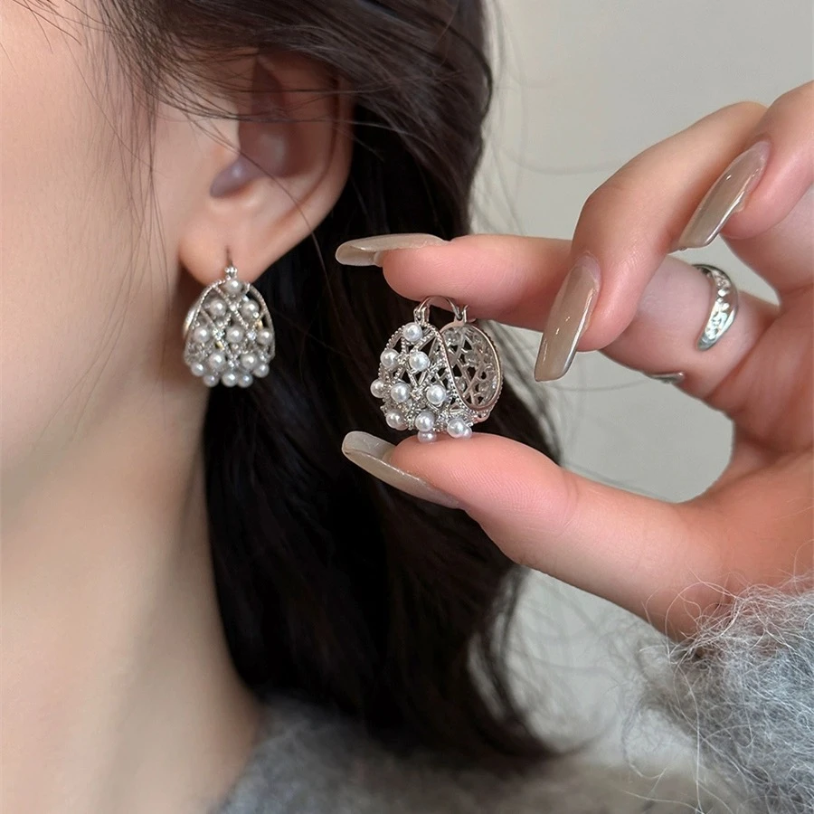 合金仿珍珠耳饰 复古镂空金属摇篮仿珍珠耳环耳扣气质百搭耳饰女