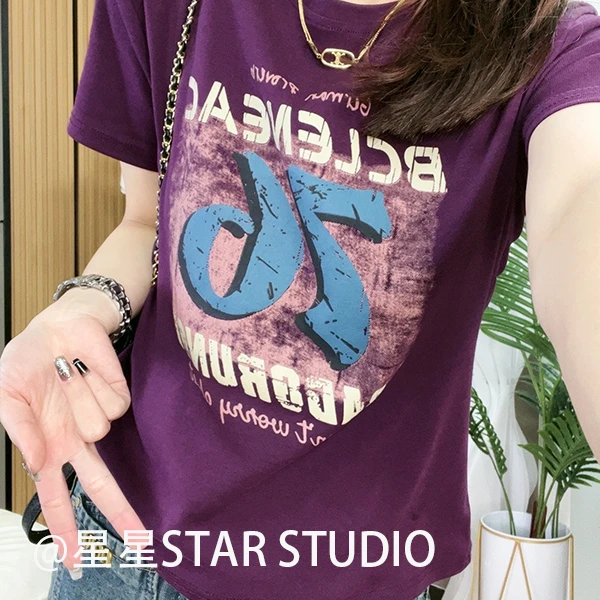 76字母 XH1030 2025新款圆领字母数字印花短袖T恤女时尚休闲百搭