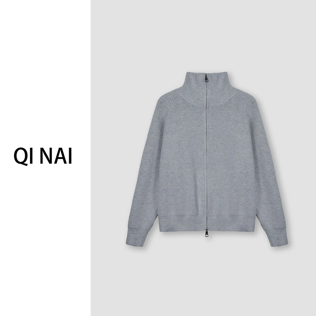 七奈推荐 【玉粟】高级感双头拉链插肩袖坑条针织开衫QN11592