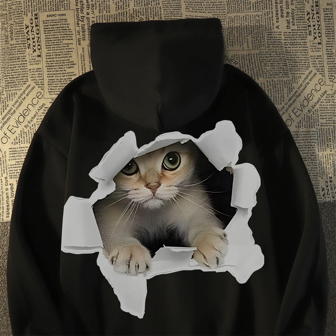 美式潮牌趣味卡通猫咪印花连帽银狐绒卫衣男女秋冬百搭情侣装外套