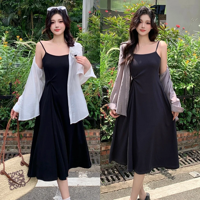 19599#夏装胖妹妹大码女设计小众薄款衫吊带连衣裙套装