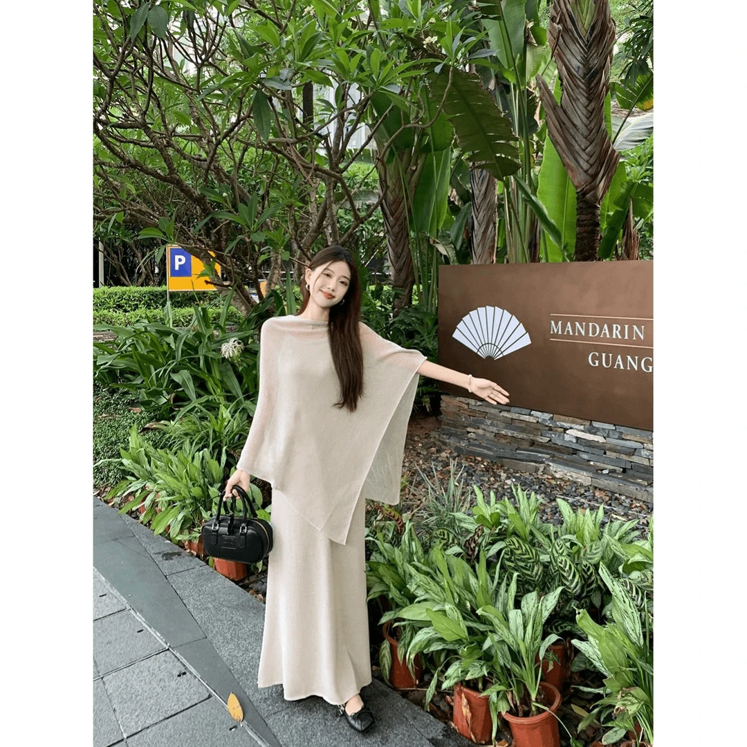 时尚气质套装设计感微透针织罩衫披肩上衣女早秋吊带连衣裙两件套