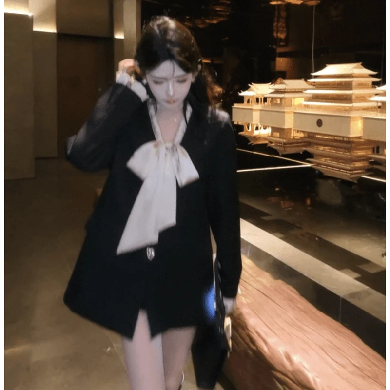 2025秋季新款蝴蝶结设计感西装垫肩中长西服小众时尚百搭休闲外套