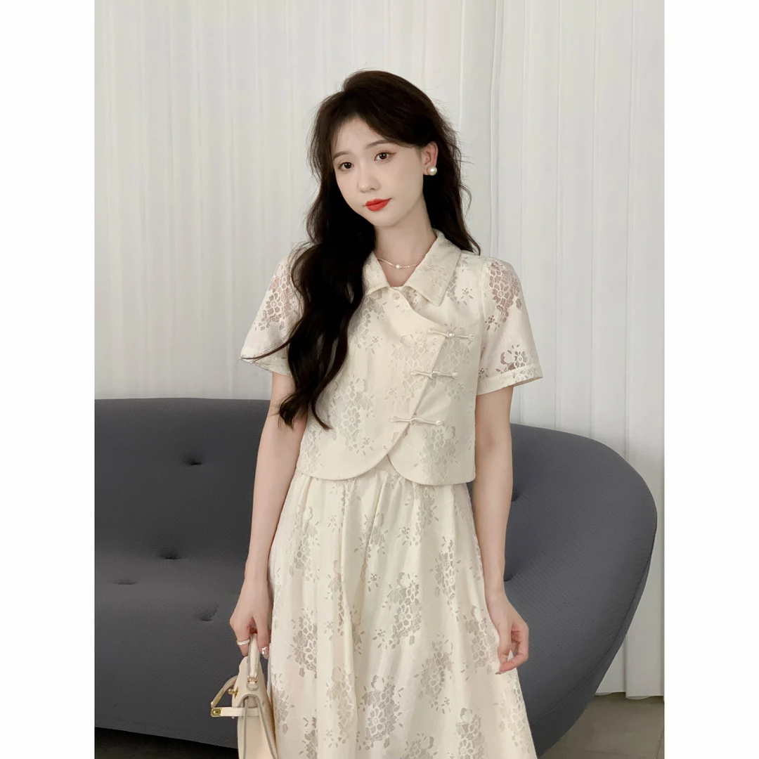 SHAOER【清风徐来】新中式国风套装裙女夏上衣半裙蕾丝米色两件套