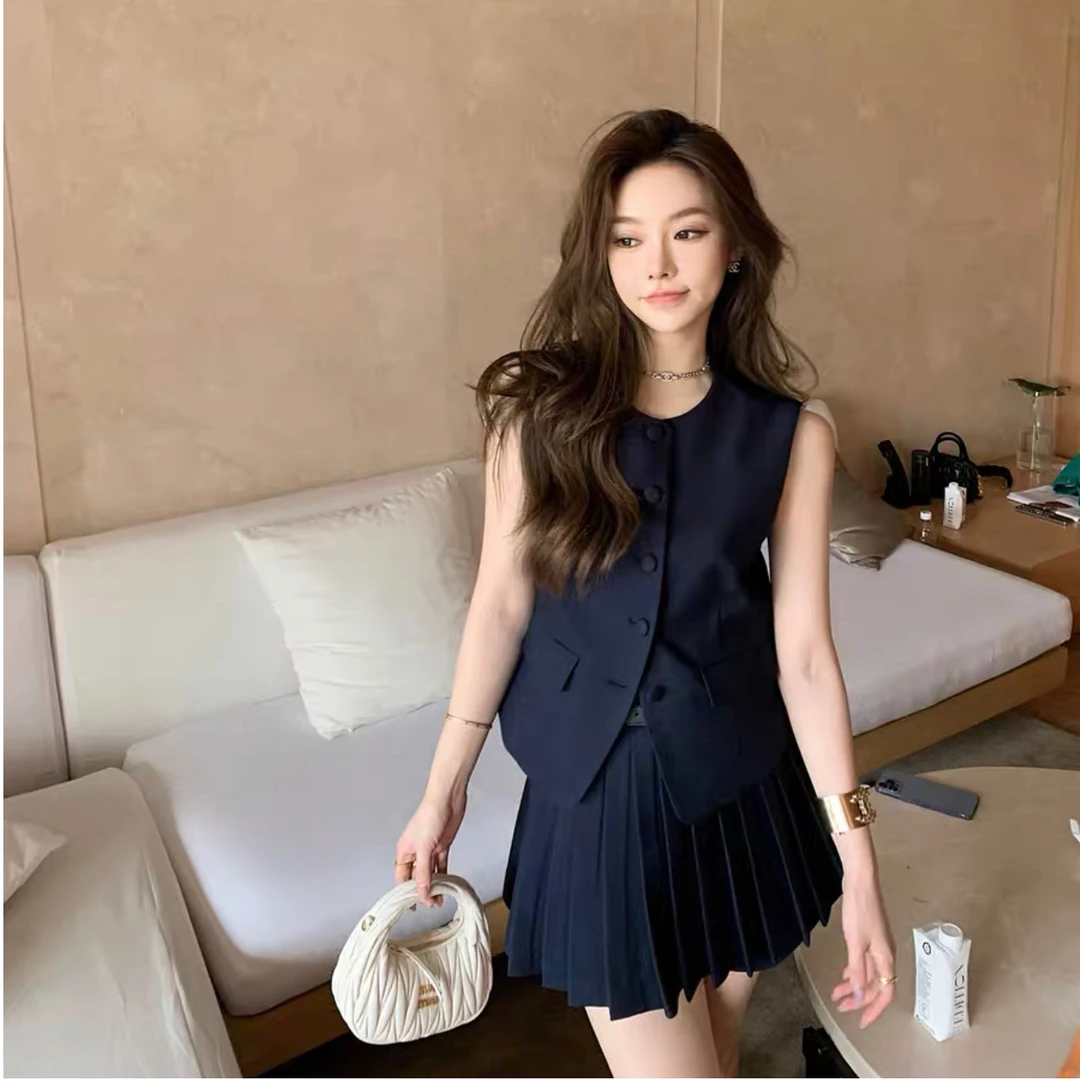 小香风高级感法式无袖马甲上衣套装裙女显瘦时髦百褶短裙两件套夏