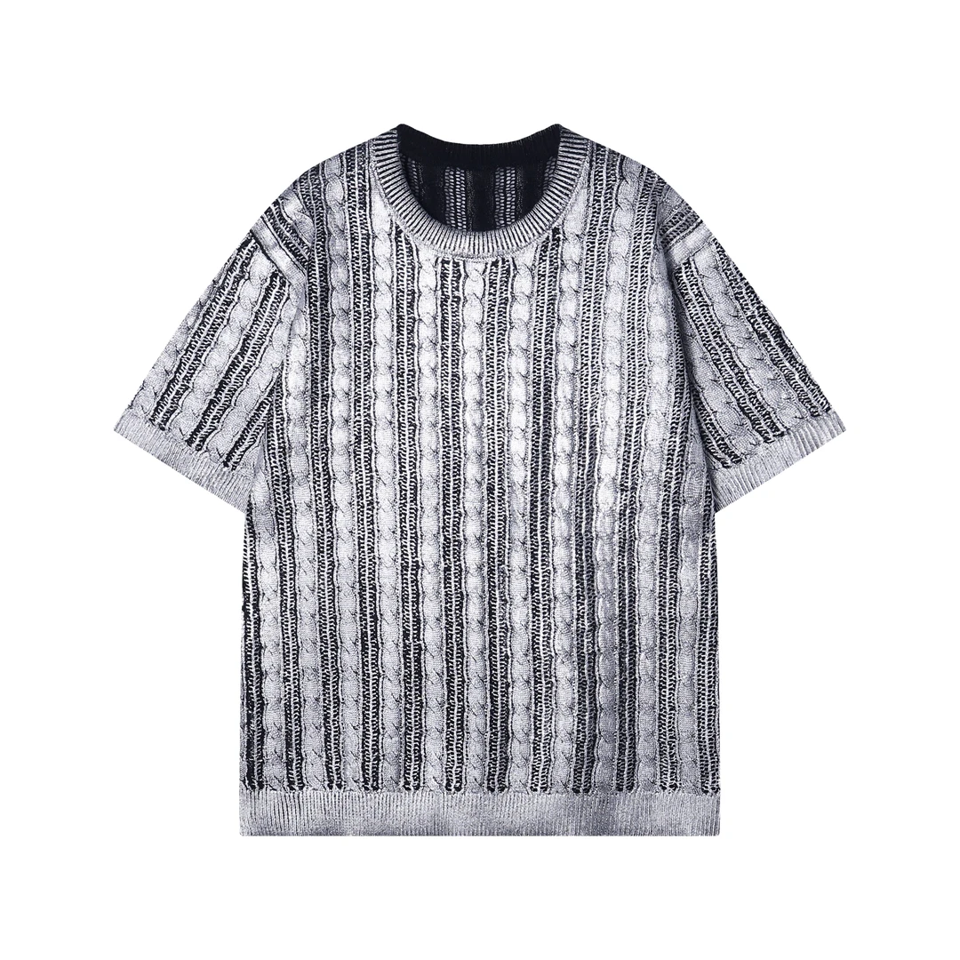 T1411-DY夏季新款时尚针织银丝T恤百搭潮流休闲上衣宽松镂空短袖