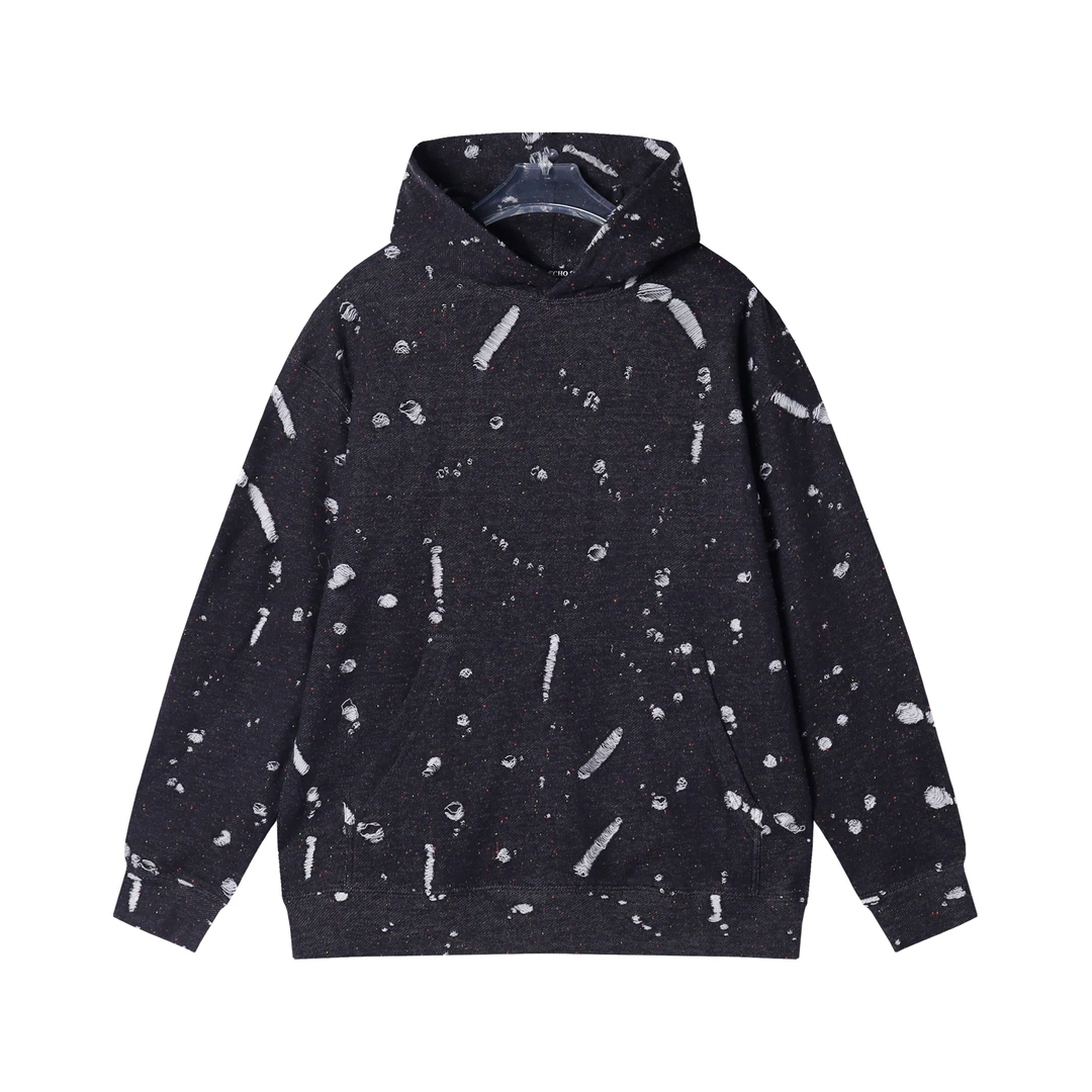 秋冬季新款时尚个性磨破设计连帽套头卫衣休闲宽松运动上衣