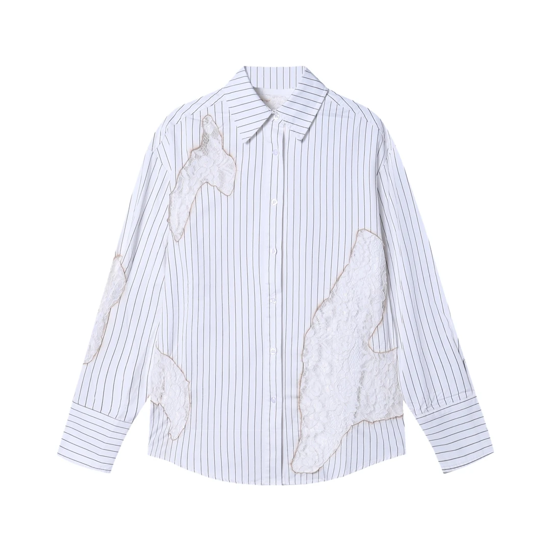 CS116新款时尚花边拼接男士衬衫百搭条纹印花上衣宽松经典短袖