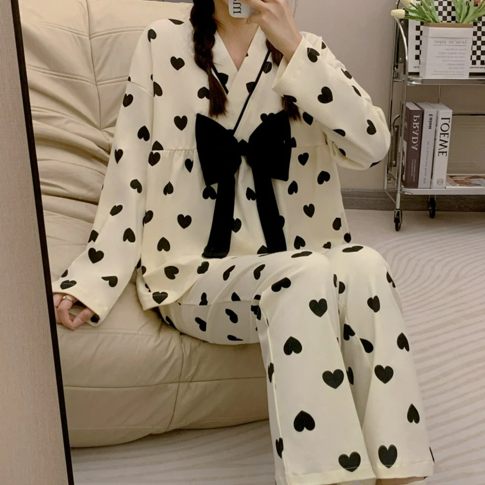 【心心相印】长袖睡衣女春秋爱心桃时尚蝴蝶结秋冬甜美家居服套装