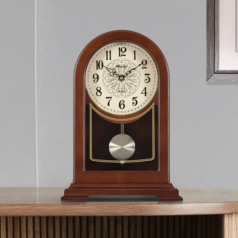 枫叶实木客厅复古时钟欧式静音简约台钟大气家用中国风台式小钟表