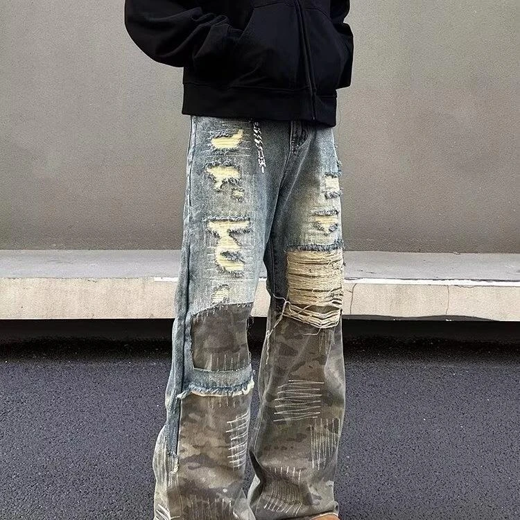爆款百搭欧美高街迷彩拼接破洞牛仔裤男直筒微喇dirtyfit阔腿裤子
