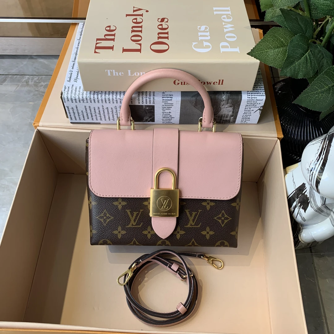 95新 LouisVuitton/路易威登 粉色老花锁头BB手提包0036