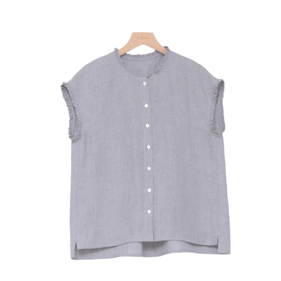 女士衬衫无袖夏季清凉衬衣舒适薄款木耳边汉麻圆领纯色上衣时尚