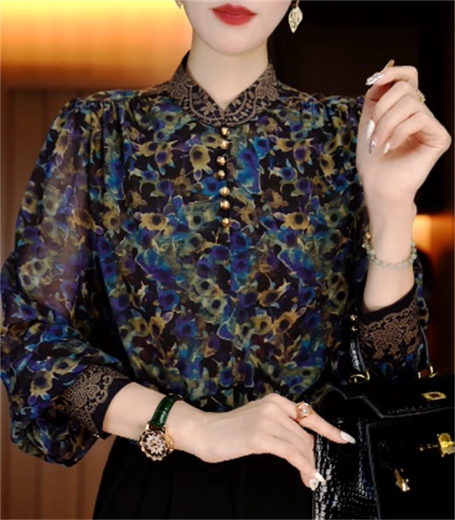 卓曼 新款小高领衬衣女印花显瘦百搭减龄气质时尚套头上衣V24Z315