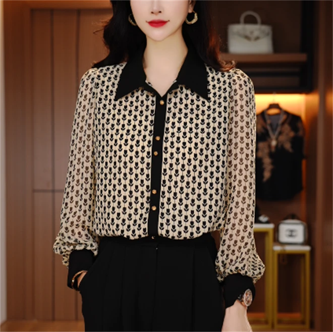 波点上衣设计感时尚翻领法式长袖印染春夏秋百搭碎花衬衫V24Q0586