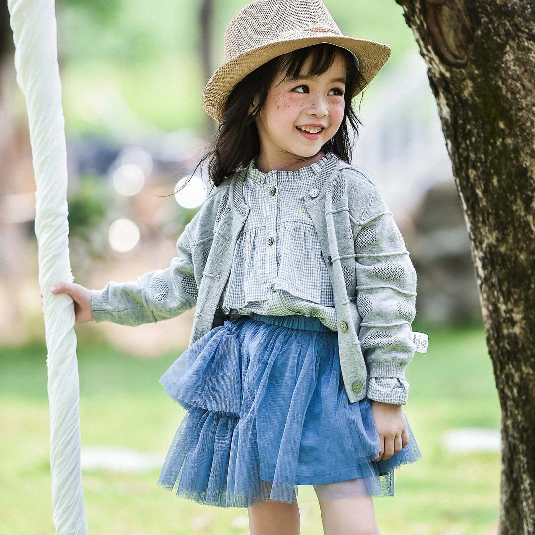 哎蔴蔴/优子壹家幻梦记】春9012302女童韩版线衫衬衫网纱裙三件组