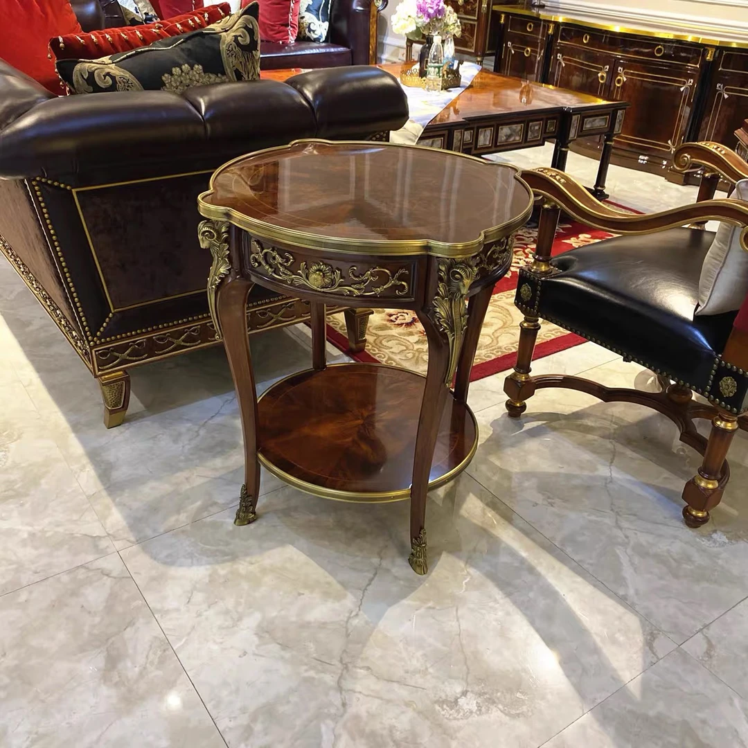 亚历山大角几欧式古典边几腰果实木茶水桌客厅装饰几嵌黄铜小茶几