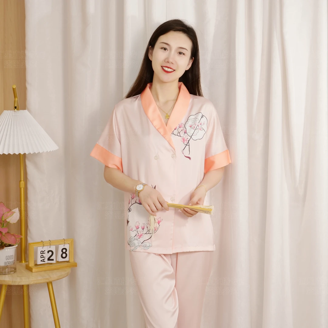 0190193现货薄款冰丝夏季舒适翻领休闲家居服套装女士长款长袖v领