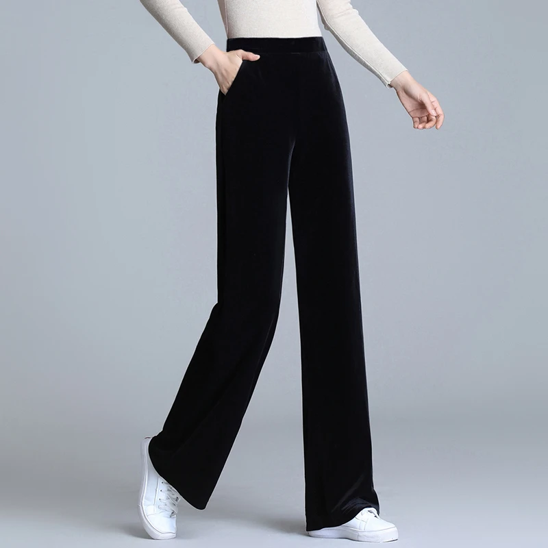 金丝绒阔腿裤女春秋冬加绒垂感大码胖mm宽松休闲拖地长裤直筒裤子