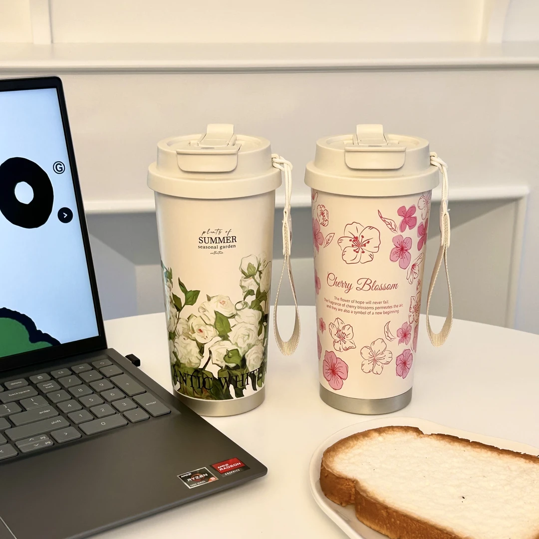樱花保温杯女生2024新款不锈钢高颜值保温保冷时尚便携咖啡杯高档