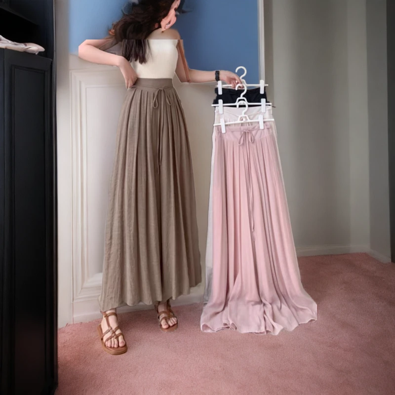 百搭阔腿裤裙显瘦松紧腰女裤夏季薄款宽松高腰法式阔腿裤垂感大摆