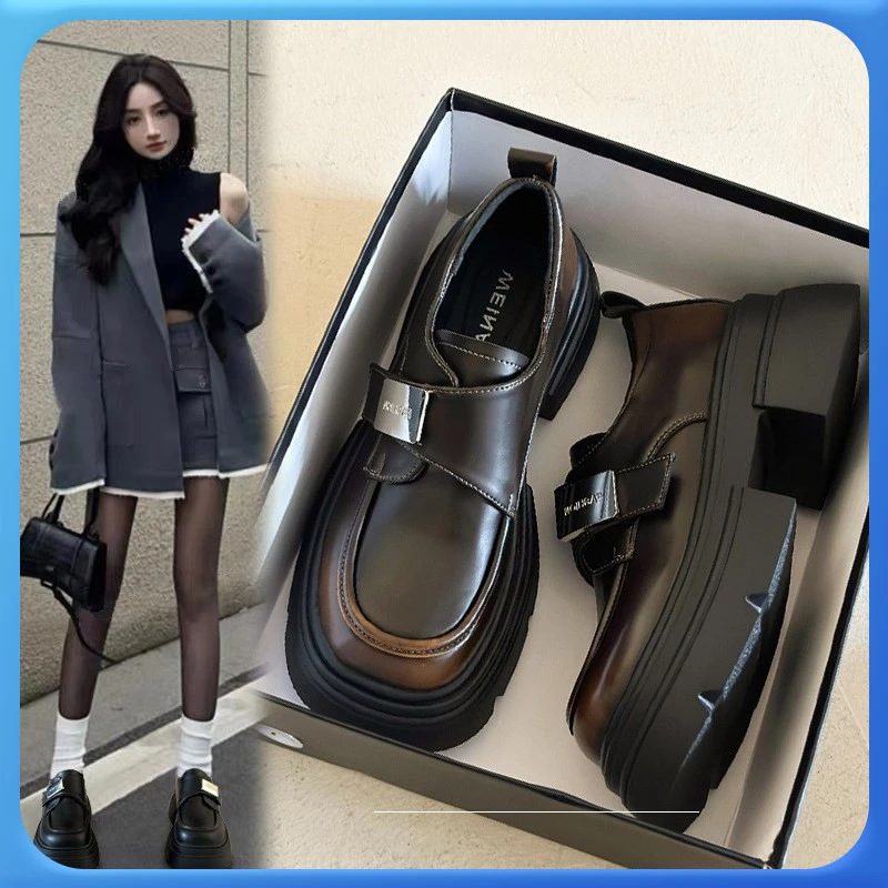 厚底英伦风小皮鞋女2024新款春秋法式复古百搭增高配裙子乐福单鞋