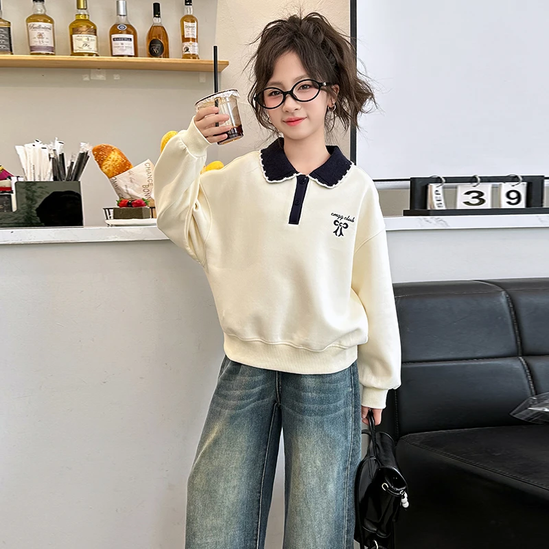 女童春秋装卫衣2024新款洋气时尚中大童休闲POLO衫领儿童秋季上衣