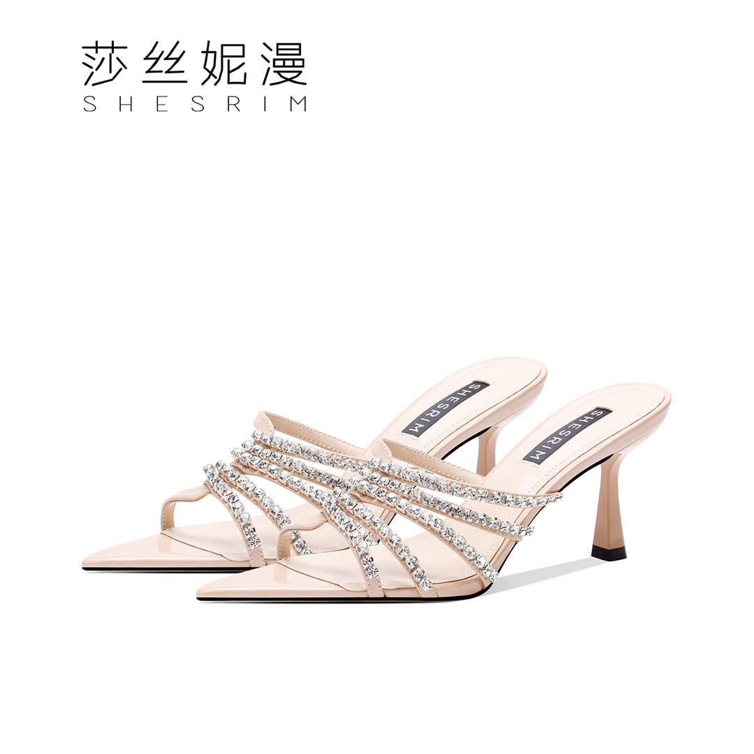 80-2025夏季新款尖头细跟外穿拖鞋女水钻露趾百搭高跟凉拖鞋