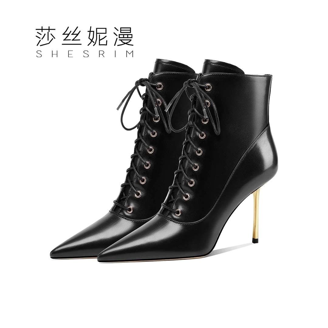 S278-真皮尖头短靴秋冬新款细跟靴百搭靴子时尚简约女鞋子气质鞋