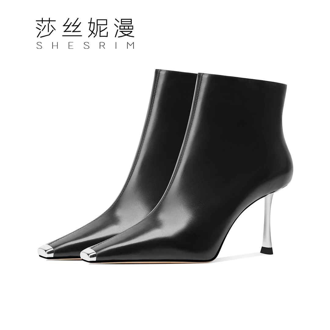 183-冬季新款胎牛皮尖头细跟短靴时尚轻舍欧美风百搭靴时尚靴