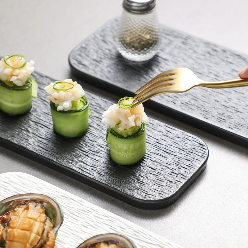 黑色岩石纹陶瓷盘长方盘寿司盘托盘点心盘甜品盘长条盘平板盘