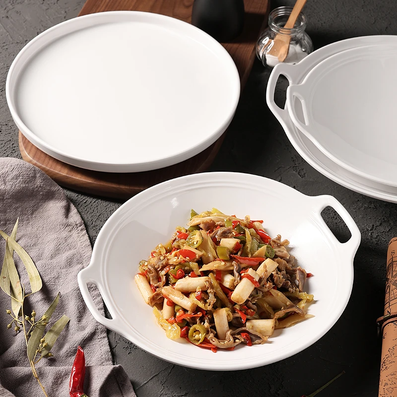 密胺盘子双耳炒菜餐盘饭店酒店餐厅专用餐具深盘白色仿瓷菜盘