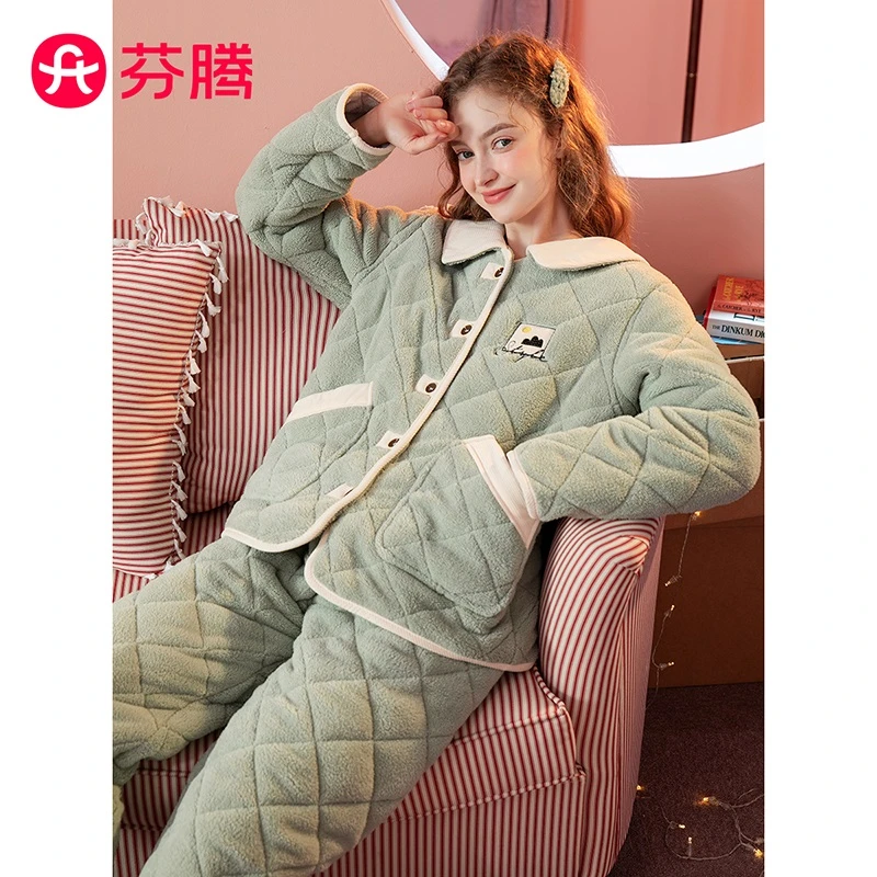 芬腾加厚保暖夹棉冬季大码女士睡衣家居服套装FJ25590061加绒加厚