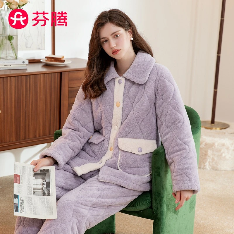 芬腾夹棉睡衣女加厚保暖加绒冬季女大码家居服套装FJ25590085