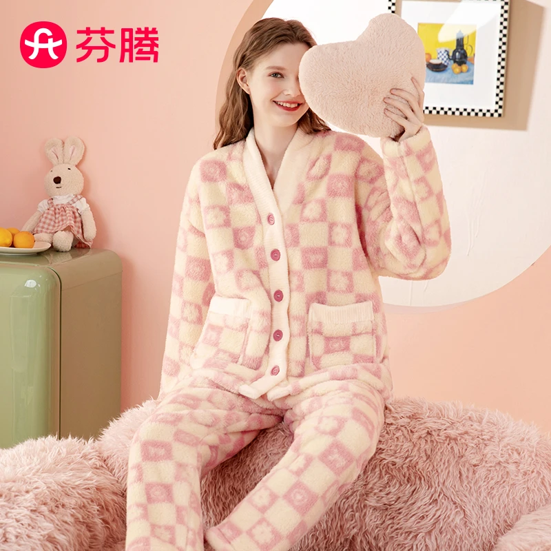 芬腾【双面泡泡绒】甜美格子双面绒款女士秋冬女士睡衣FJ2490298