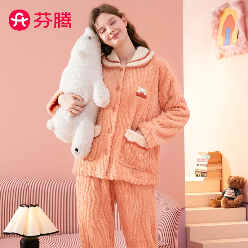 芬腾【小熊动物联盟】加厚保暖双面绒提花320g秋冬女睡衣FJ25940417