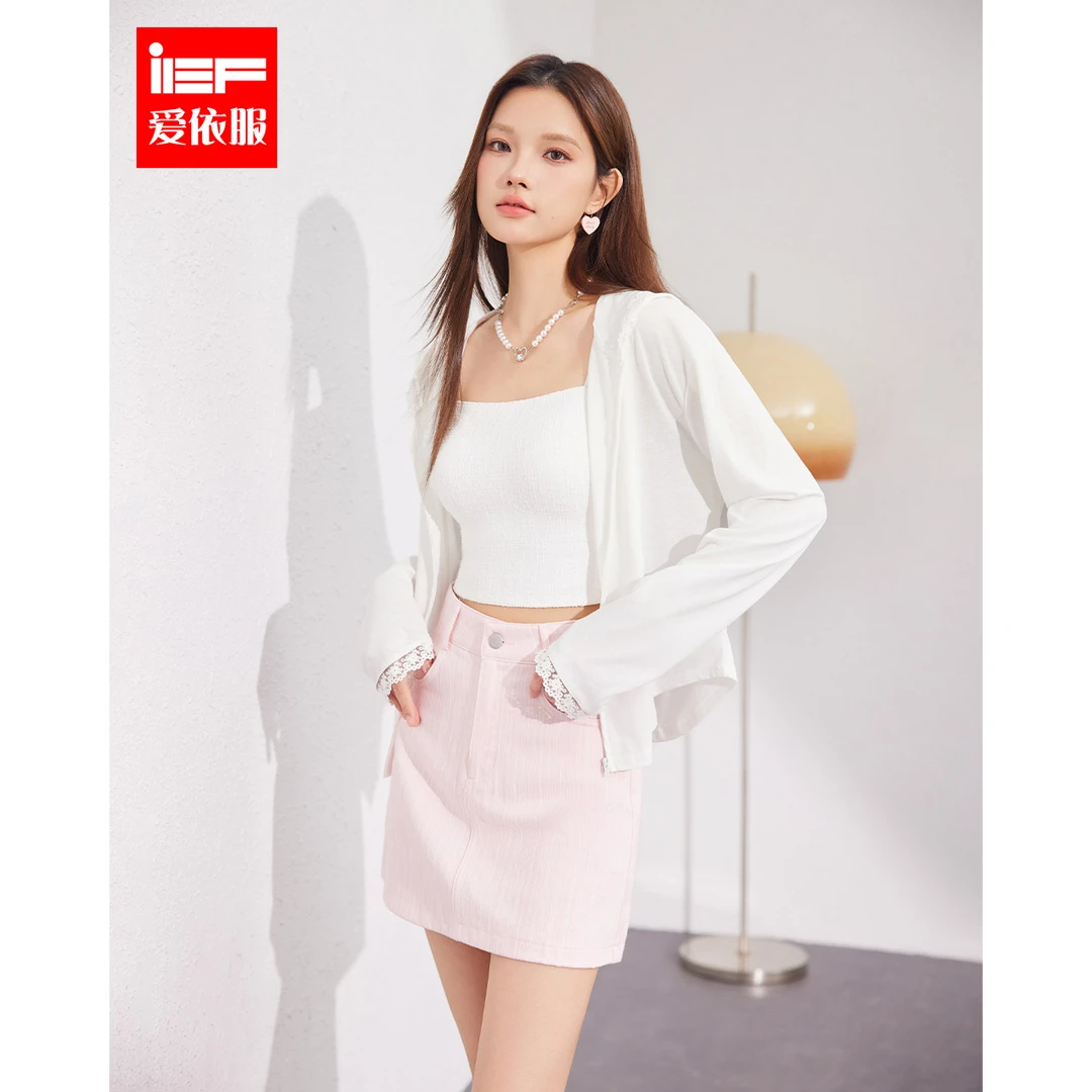 IEF/爱依服2025夏季新款韩版简约纯色蕾丝边设计爆款百搭长袖外套