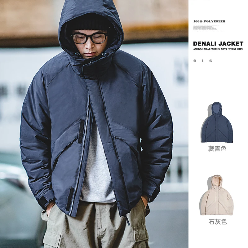 马登工装 山系复古立领连帽棉衣藏青色保暖加厚夹克棉服外套男冬