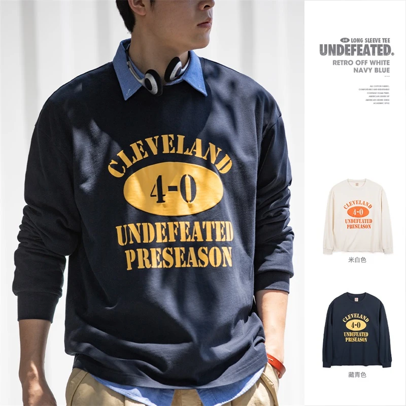 马登工装美式休闲字母发泡户外印花T恤撞色学院纯棉运动长袖男秋