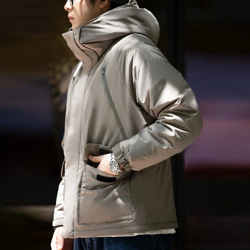 马登工装美式休闲高领连帽棉衣灰色保暖加厚棉服户外防风外套男冬