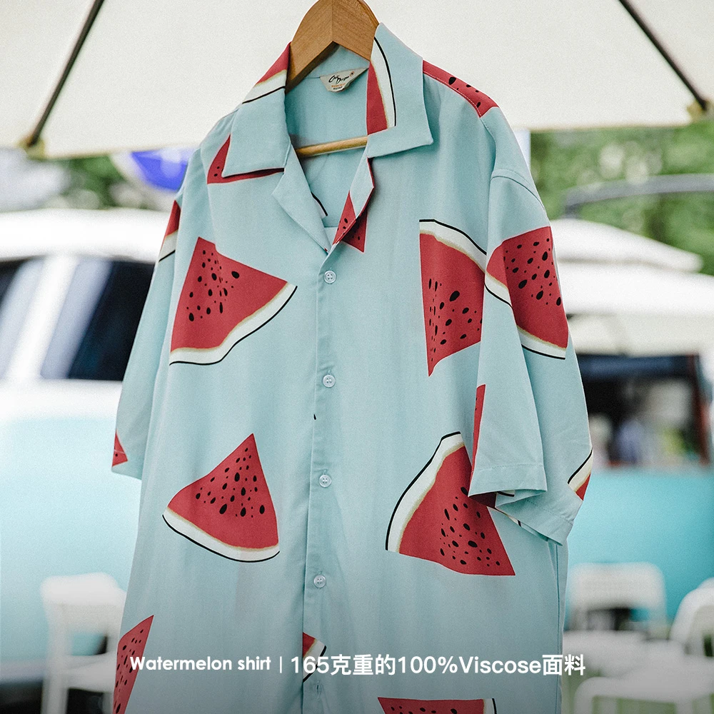 马登工装夏季休闲西瓜印花宽松大码短袖衬衫古巴领复古宽松衬衣