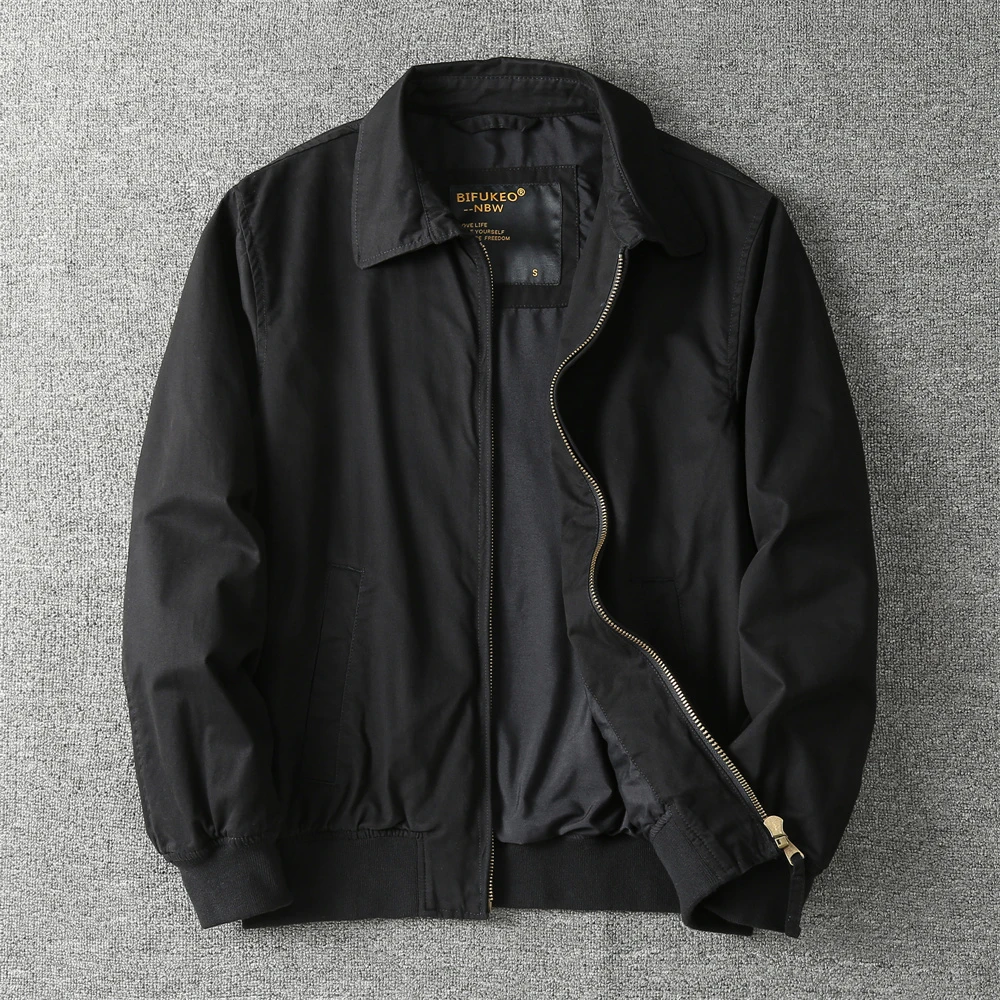 春秋冬商务休闲百搭纯棉纯色双层男士黑色翻领夹克外套中青年男装