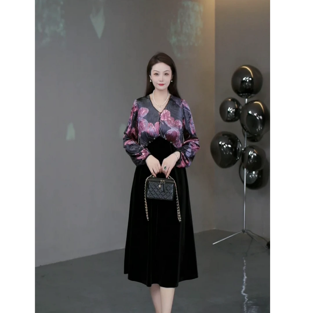 菲姐定制轻奢女装冬季新款贵气百搭气质丝绒花色连衣裙241501