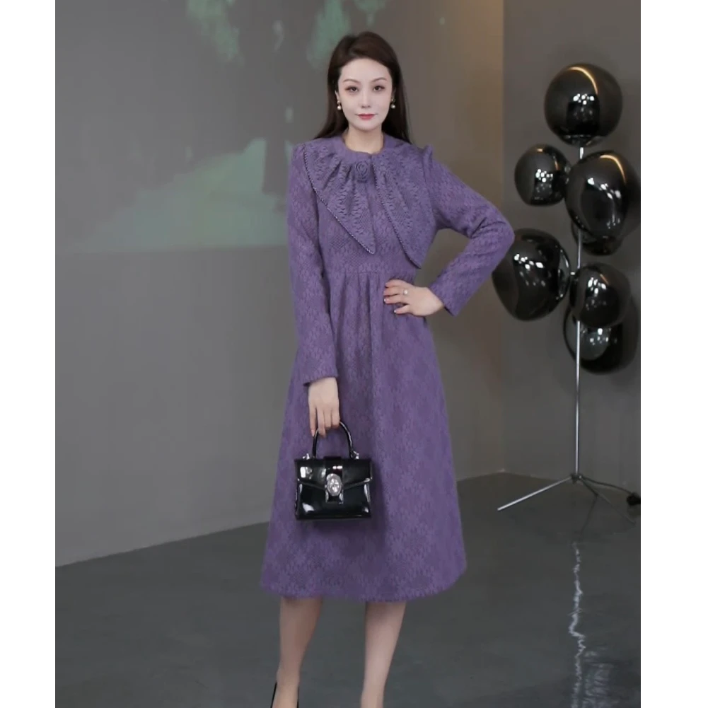 菲姐定制轻奢女装冬季新款显瘦百搭气质紫色加绒连衣裙241523