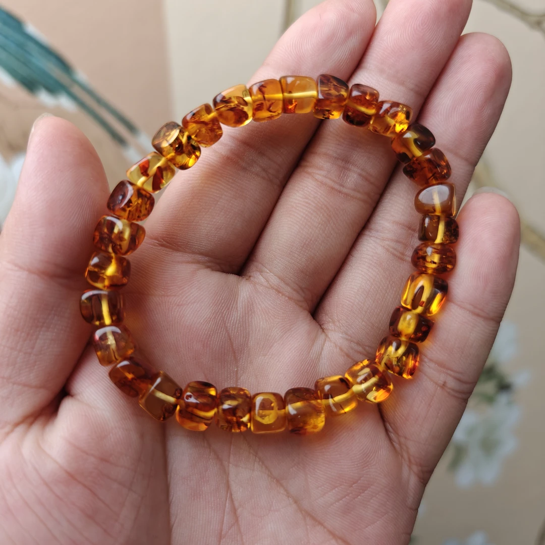 【蜜语】天然爆花级花珀 方糖单圈手串卡8+