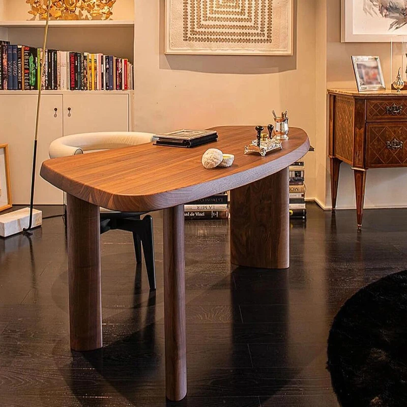 北欧实木异形书桌现代简约胡桃木弧形电脑桌意式极简创意办公桌