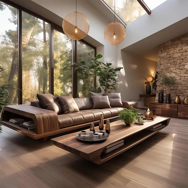 新中式胡桃木沙发别墅实木真皮客厅沙发2024新款轻奢高级感三人位