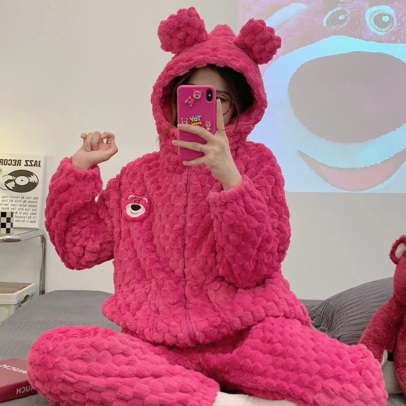 网红睡衣冬季女款加绒加厚可爱熊甜美法兰绒秋冬家居服套装